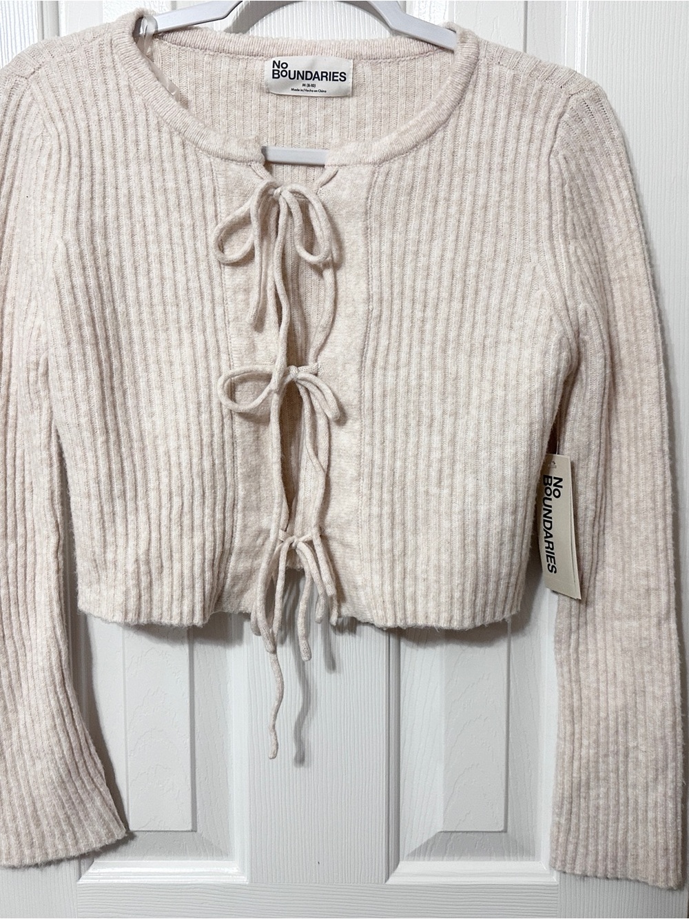 No Boundaries Tie-Front Ribbed Cropped Cardigan in Cream